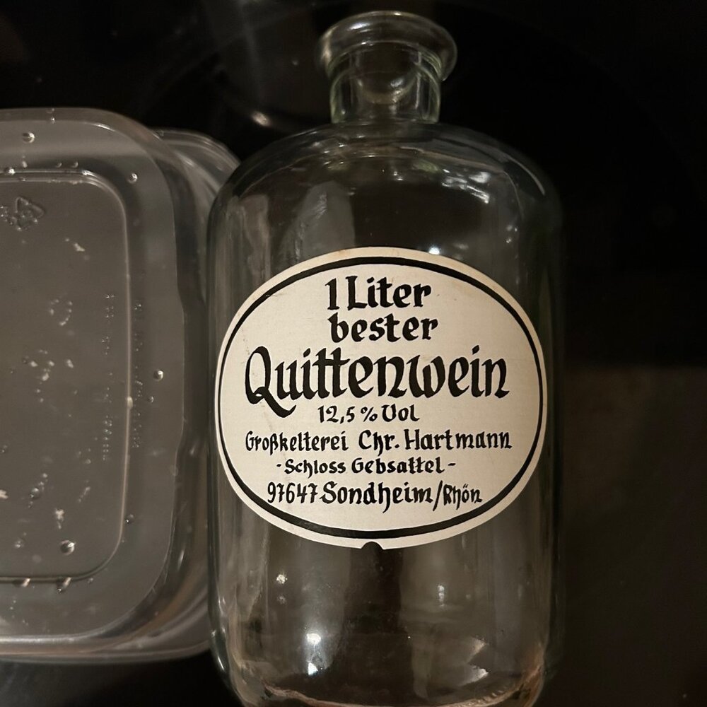 Vintage One-Liter Wine Bottle, Paper Label, German Quince Wine from Sondheim